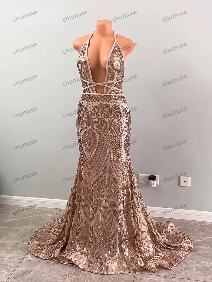 Sexy Mermaid Halter Rose Gold Sequin African Black Girls Floor Length Party Prom Gowns