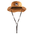 Shady Sun Hat: tan with a chin strap and geometric front logo.