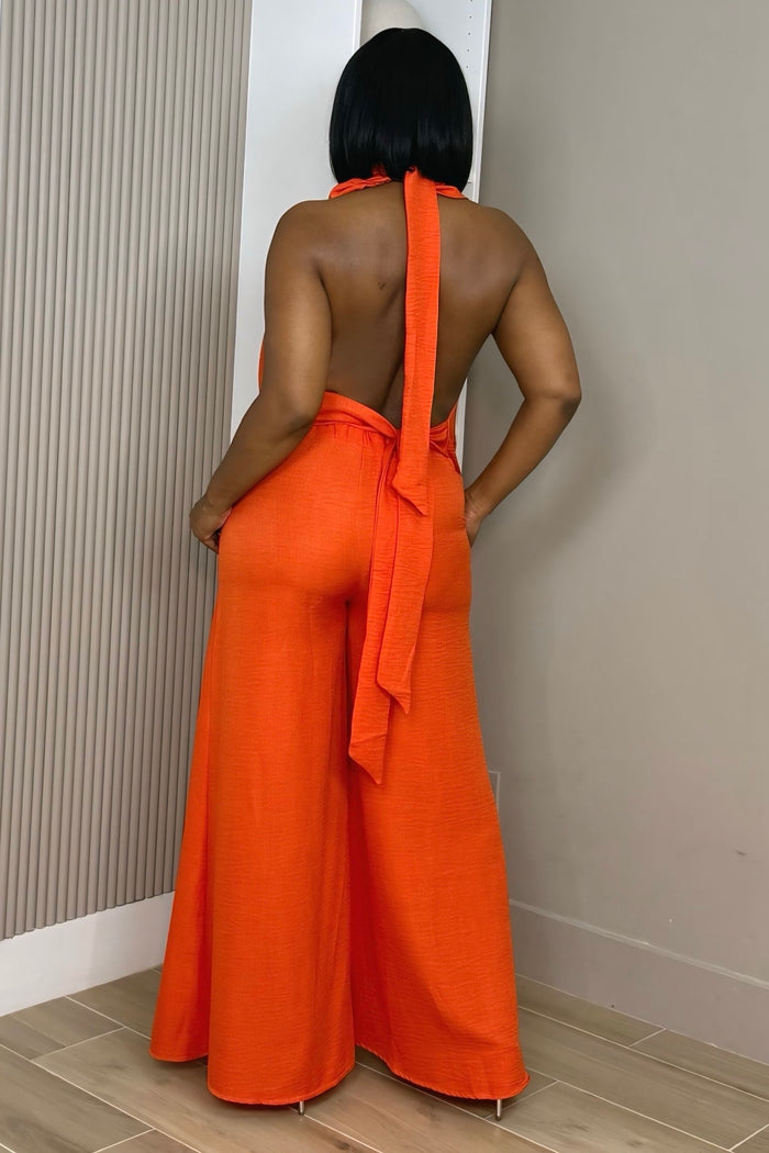 Shaunteria Draped Halter Wide Leg Pant Set - Orange