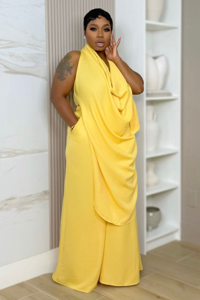 Shaunteria Draped Halter Wide Leg Pant Set - Yellow