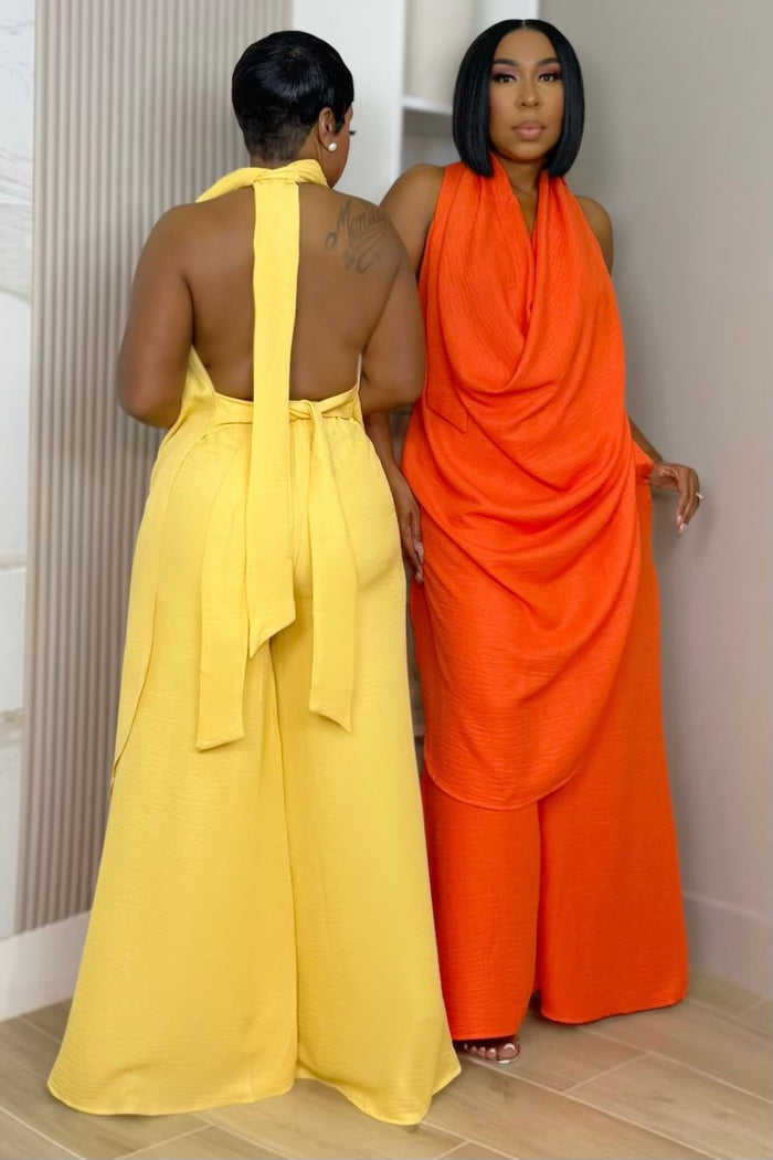 Shaunteria Draped Halter Wide Leg Pant Set - Yellow