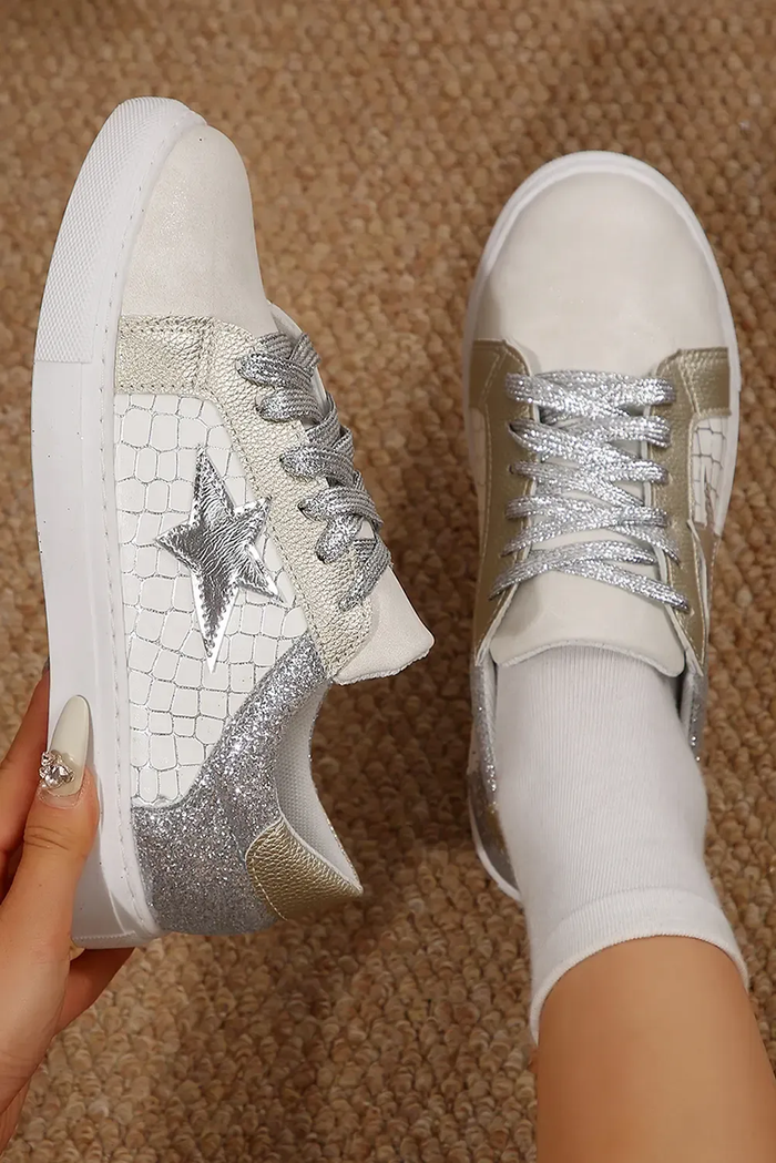 Silvery Glitter Star Patchwork PU Leather Lace-up Trainers - Shoes/trainers