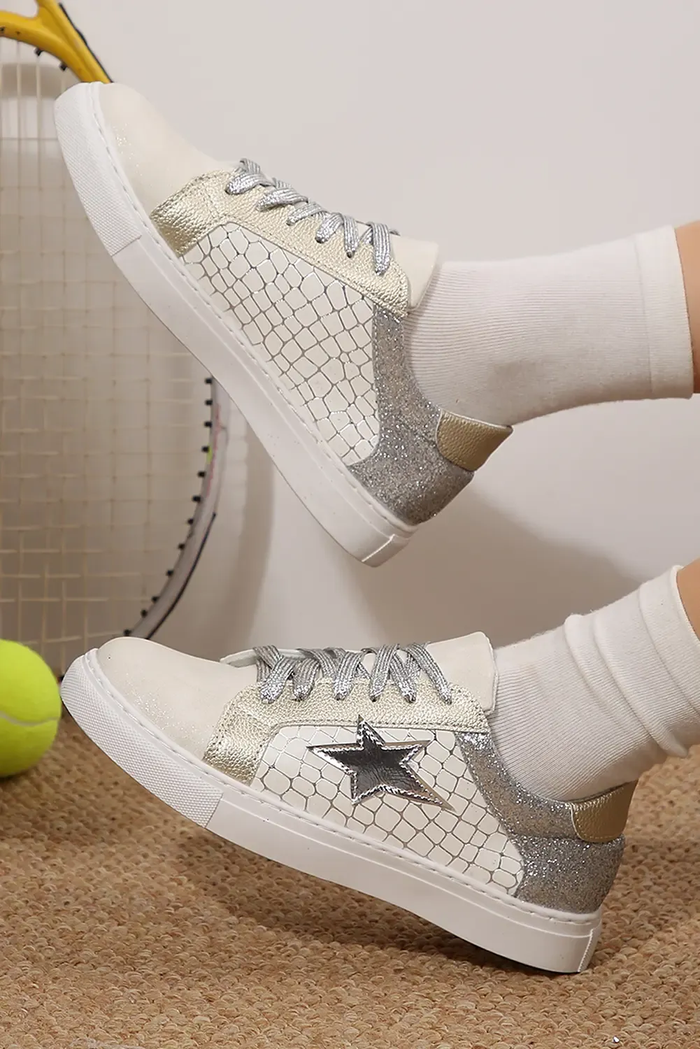 Silvery Glitter Star Patchwork PU Leather Lace-up Trainers - Shoes/trainers