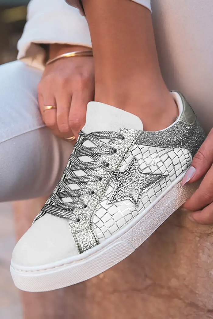 Silvery Glitter Star Patchwork PU Leather Lace-up Trainers - Shoes/trainers