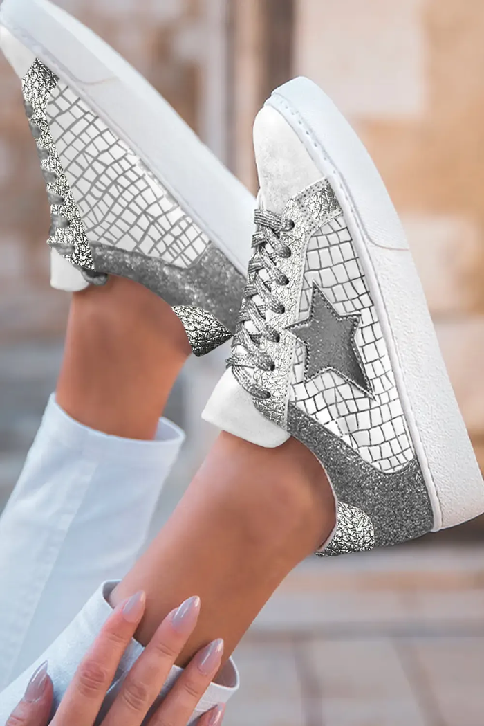 Silvery Glitter Star Patchwork PU Leather Lace-up Trainers - Shoes/trainers