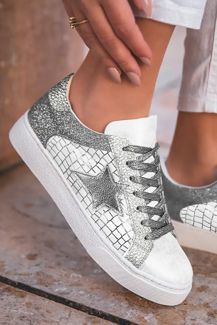 Silvery Glitter Star Patchwork PU Leather Lace-up Trainers - Shoes/trainers