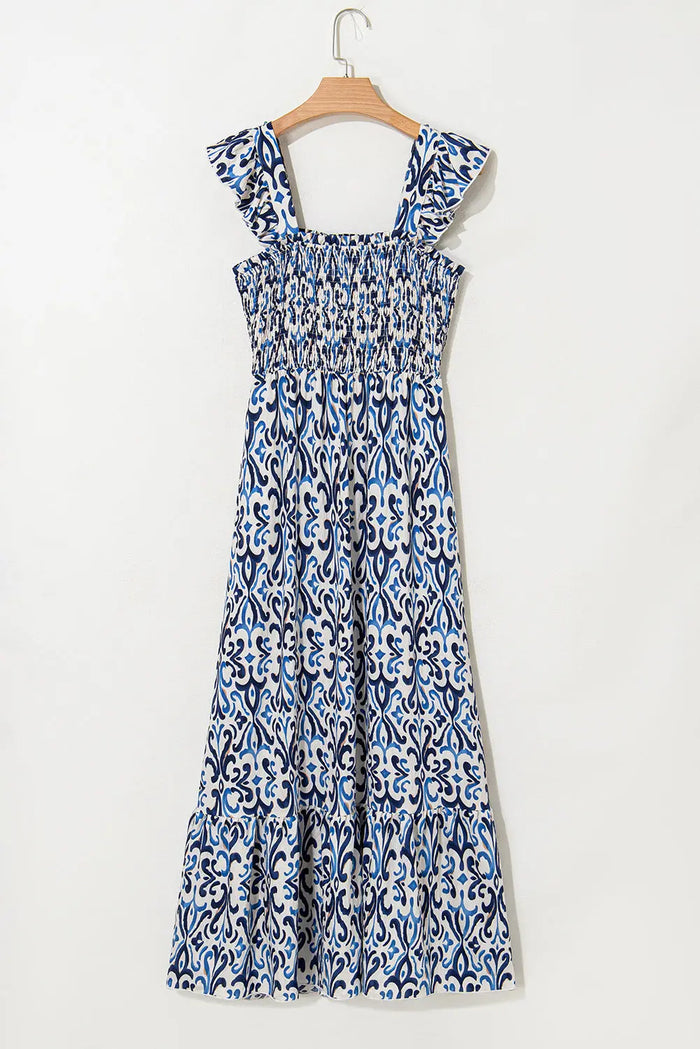 Sky Blue Boho Print Smocked Maxi Dress - Dresses/Maxi Dresses
