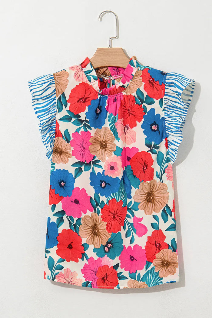 Sky Blue Floral Mock Neck Striped Flutter Sleeve Blouse - Tops/Blouses & Shirts