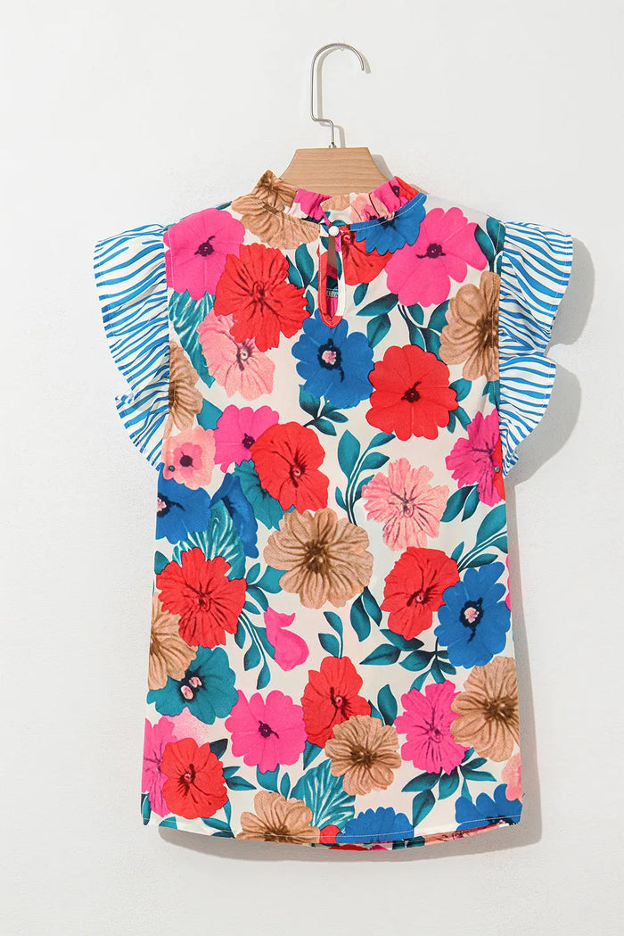 Sky Blue Floral Mock Neck Striped Flutter Sleeve Blouse - Tops/Blouses & Shirts