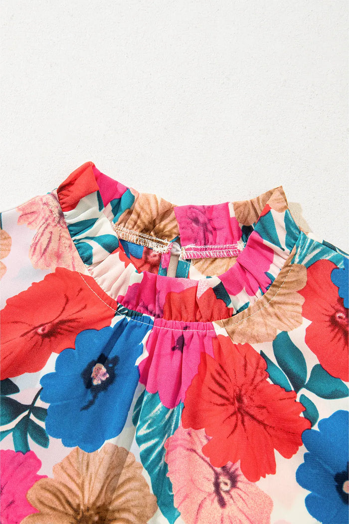 Sky Blue Floral Mock Neck Striped Flutter Sleeve Blouse - Tops/Blouses & Shirts