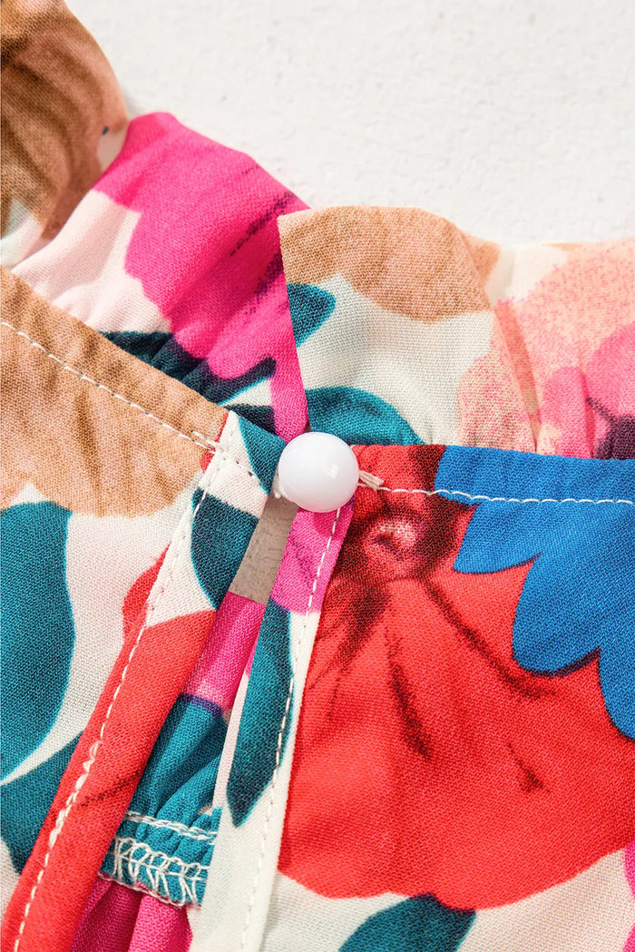 Sky Blue Floral Mock Neck Striped Flutter Sleeve Blouse - Tops/Blouses & Shirts