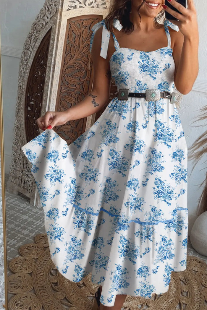 Sky Blue Floral Print Shirred Knot Shoulder Sleeveless Long Dress - S / 100% Polyester - Dresses/Maxi Dresses