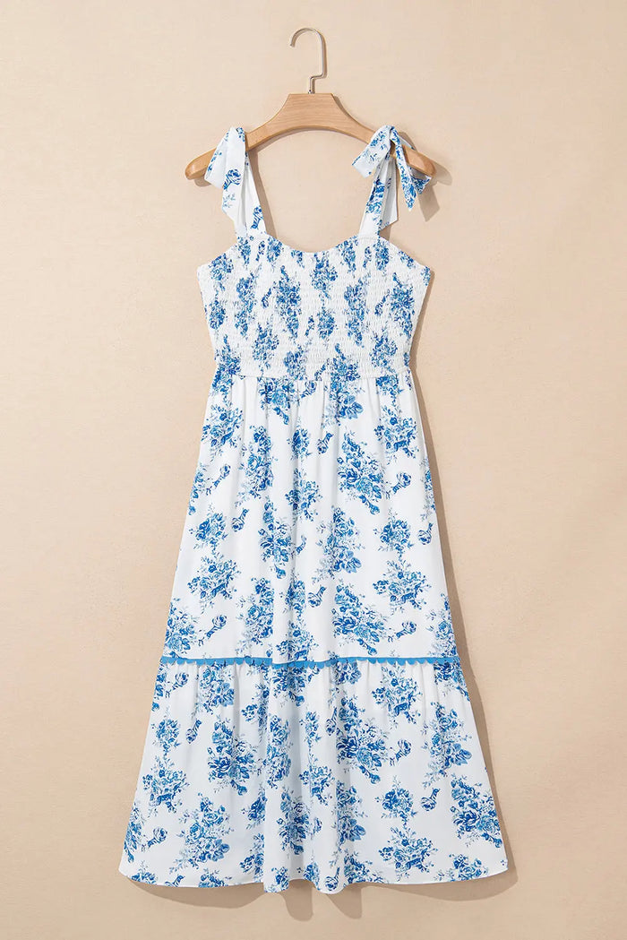 Sky Blue Floral Print Shirred Knot Shoulder Sleeveless Long Dress - Dresses/Maxi Dresses
