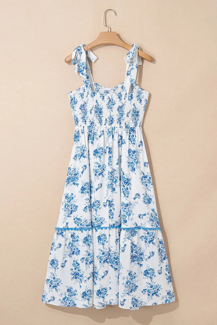 Sky Blue Floral Print Shirred Knot Shoulder Sleeveless Long Dress - Dresses/Maxi Dresses
