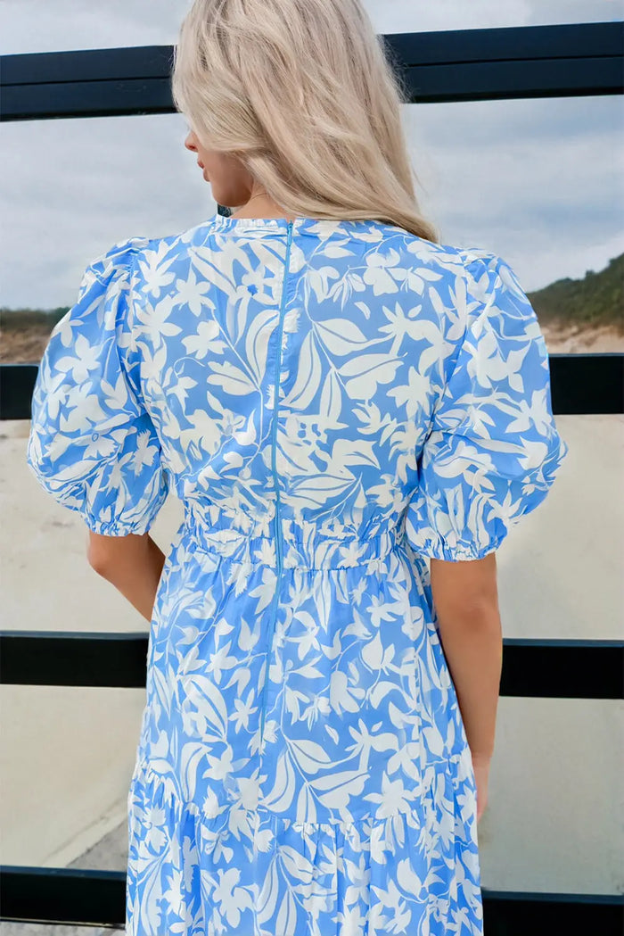 Sky Blue Floral V Neck Puff Short Sleeve Flowy Long Dress - Dresses/Maxi Dresses