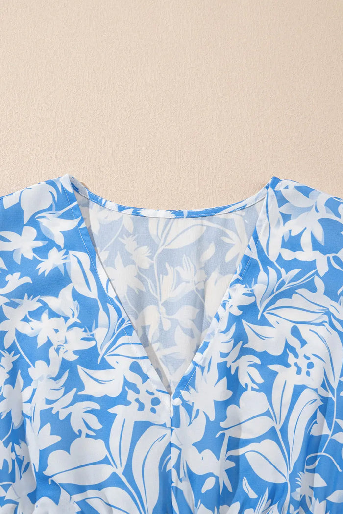 Sky Blue Floral V Neck Puff Short Sleeve Flowy Long Dress - Dresses/Maxi Dresses