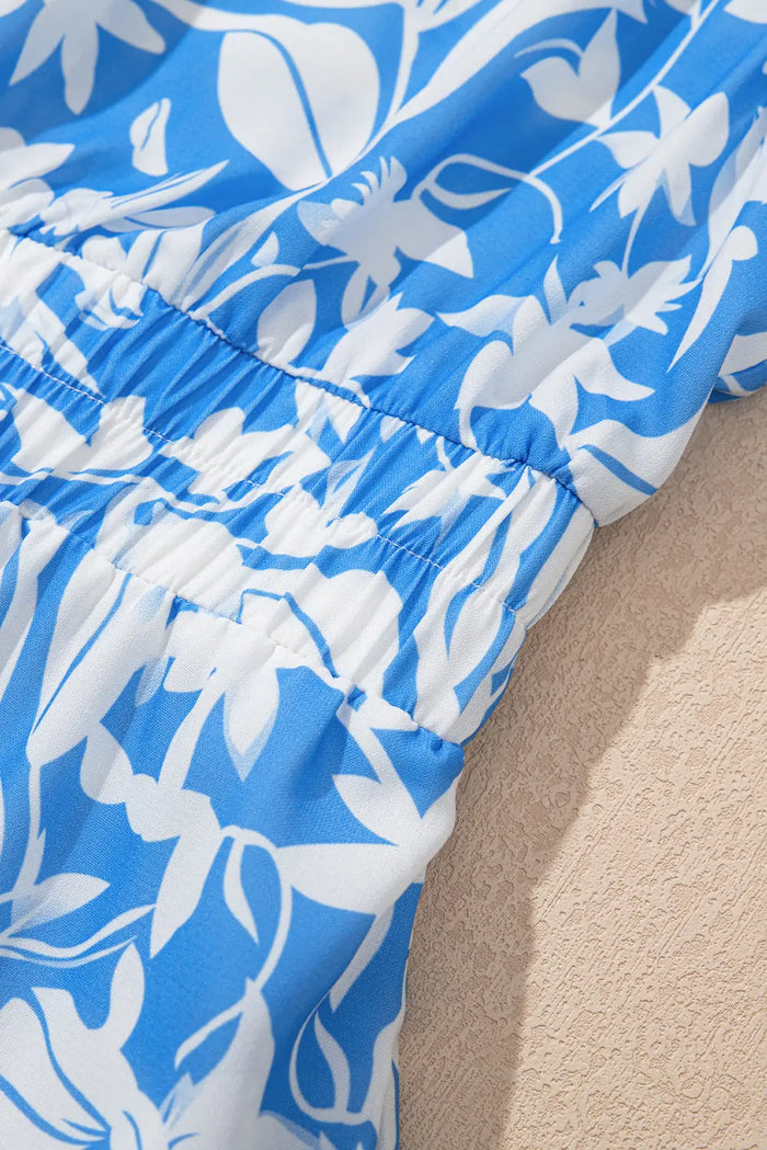Sky Blue Floral V Neck Puff Short Sleeve Flowy Long Dress - Dresses/Maxi Dresses