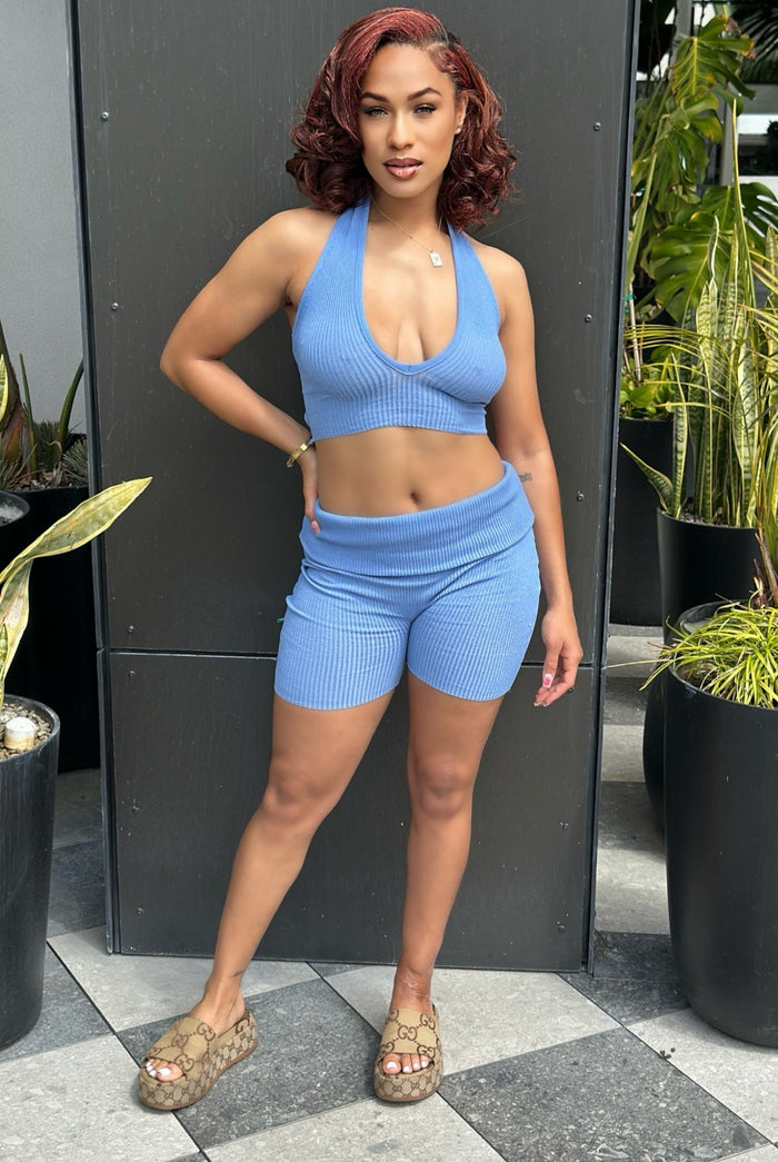 Soft Flex - Halter Crop Matching Stretchy Knit Short Set