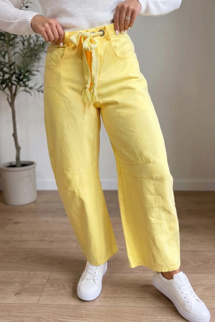 Solid Color Grommet Detail Knot Waist Barrel Jeans – Yellow
