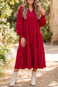 Solid Color Ruffle Trim Long Sleeve Tiered Shift Midi Dress – Racing Red