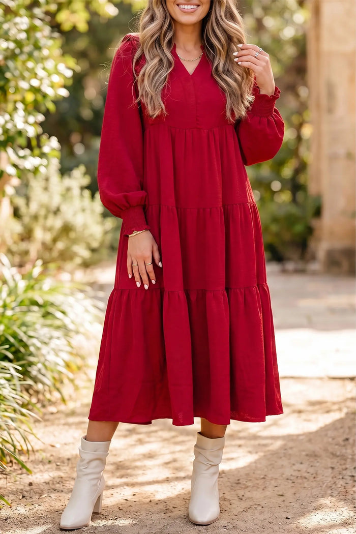 Solid Color Ruffle Trim Long Sleeve Tiered Shift Midi Dress – Racing Red