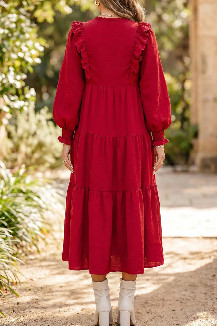 Solid Color Ruffle Trim Long Sleeve Tiered Shift Midi Dress – Racing Red