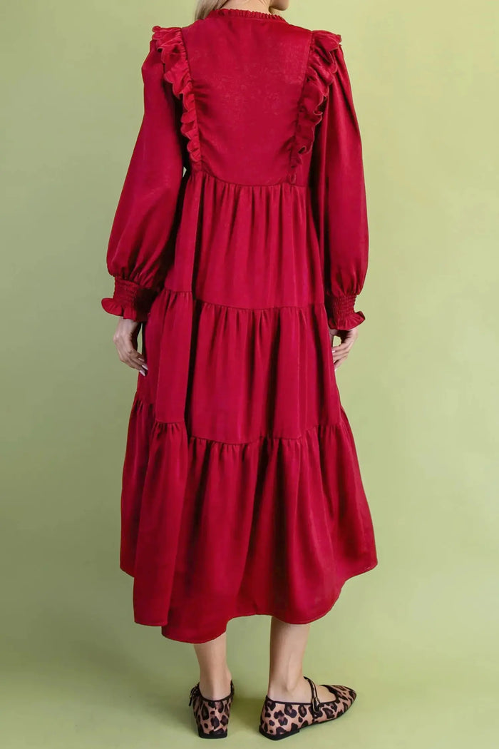 Solid Color Ruffle Trim Long Sleeve Tiered Shift Midi Dress – Racing Red