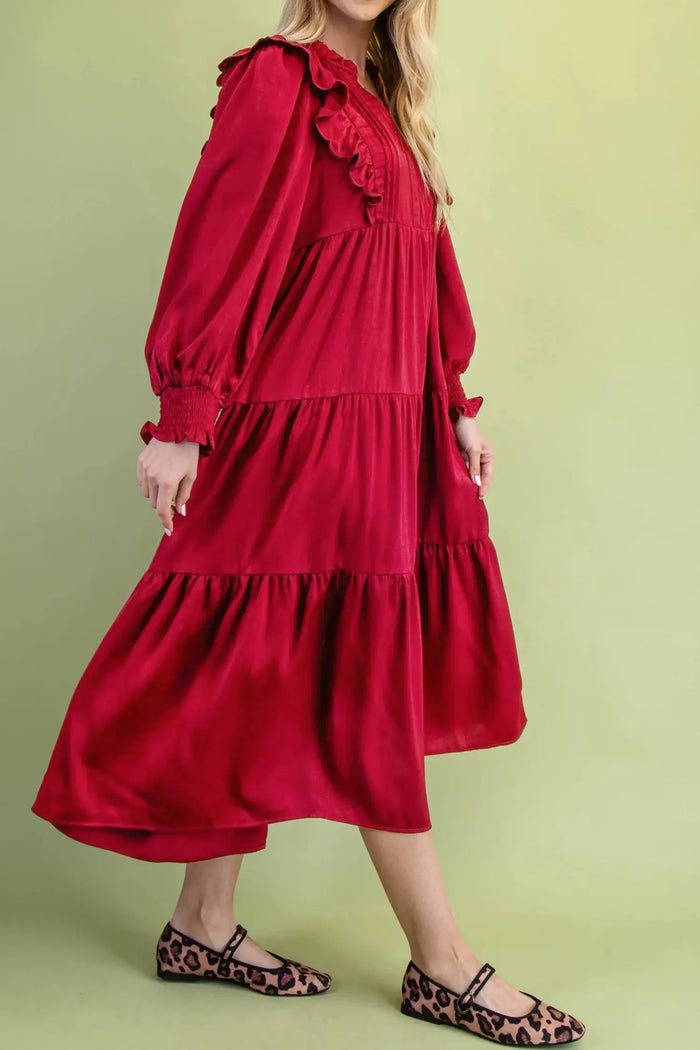 Solid Color Ruffle Trim Long Sleeve Tiered Shift Midi Dress – Racing Red