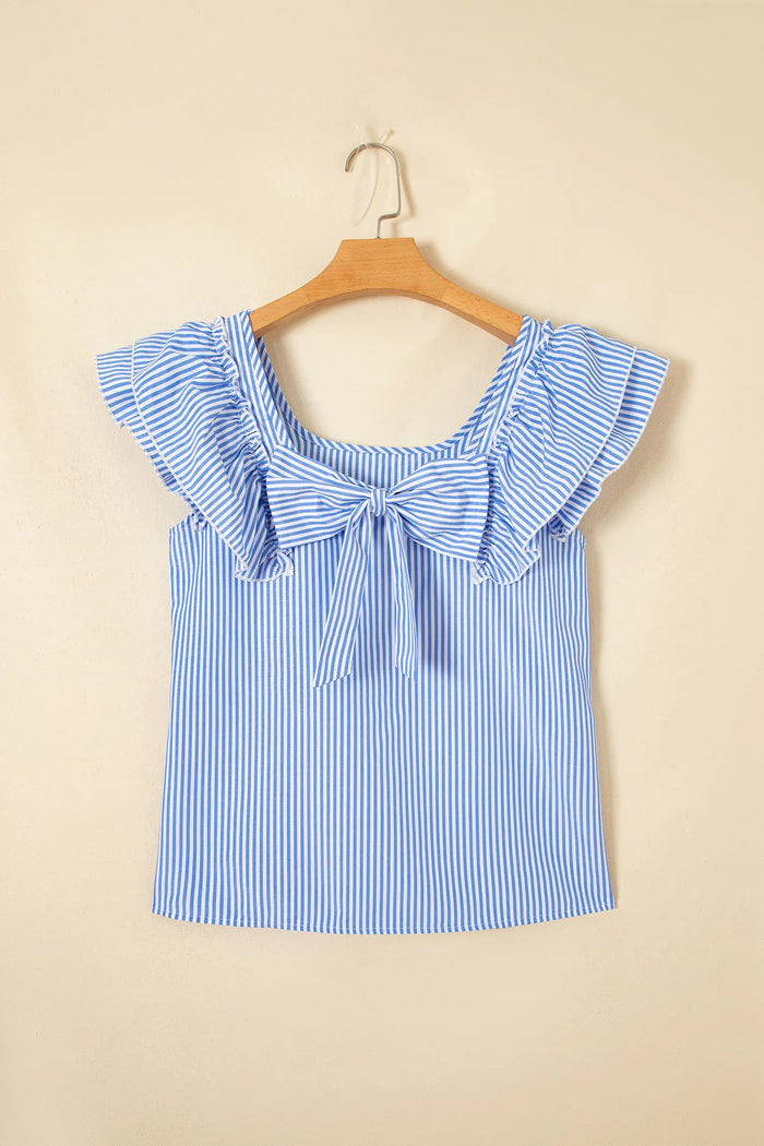 Square Neck Bow Back Ruffle Sleeve Blouse – Blue Stripe