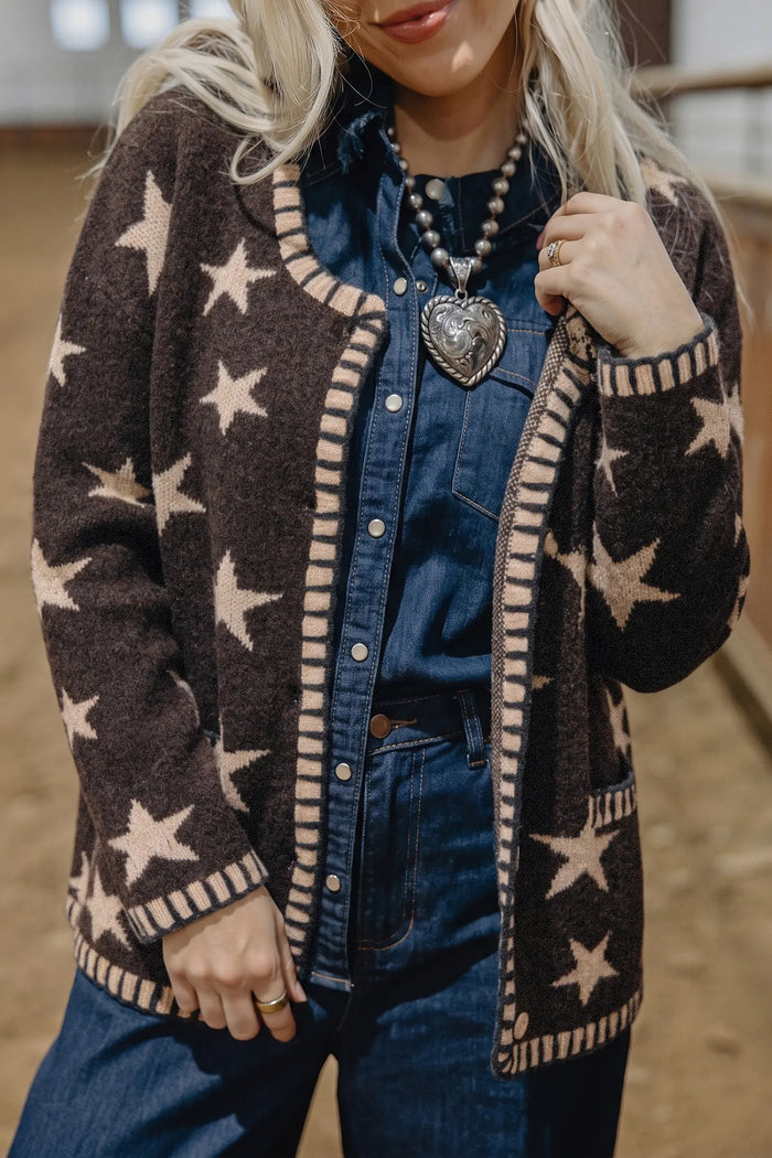Stars Pattern Colorblock Long Sleeve Shift Cardigan – Brown