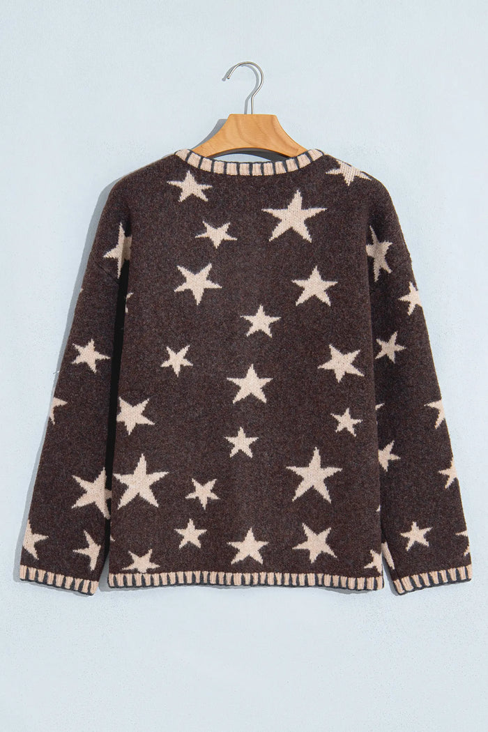 Stars Pattern Colorblock Long Sleeve Shift Cardigan – Brown