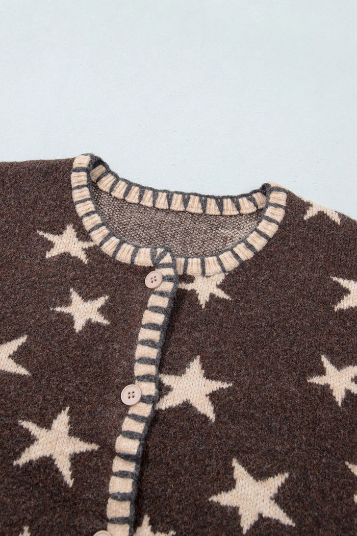 Stars Pattern Colorblock Long Sleeve Shift Cardigan – Brown