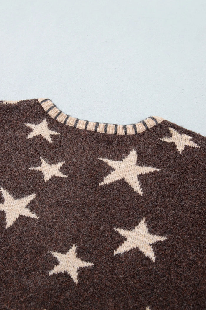 Stars Pattern Colorblock Long Sleeve Shift Cardigan – Brown