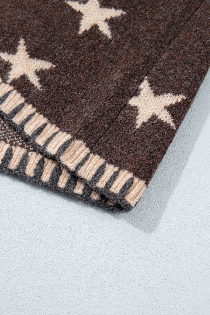 Stars Pattern Colorblock Long Sleeve Shift Cardigan – Brown