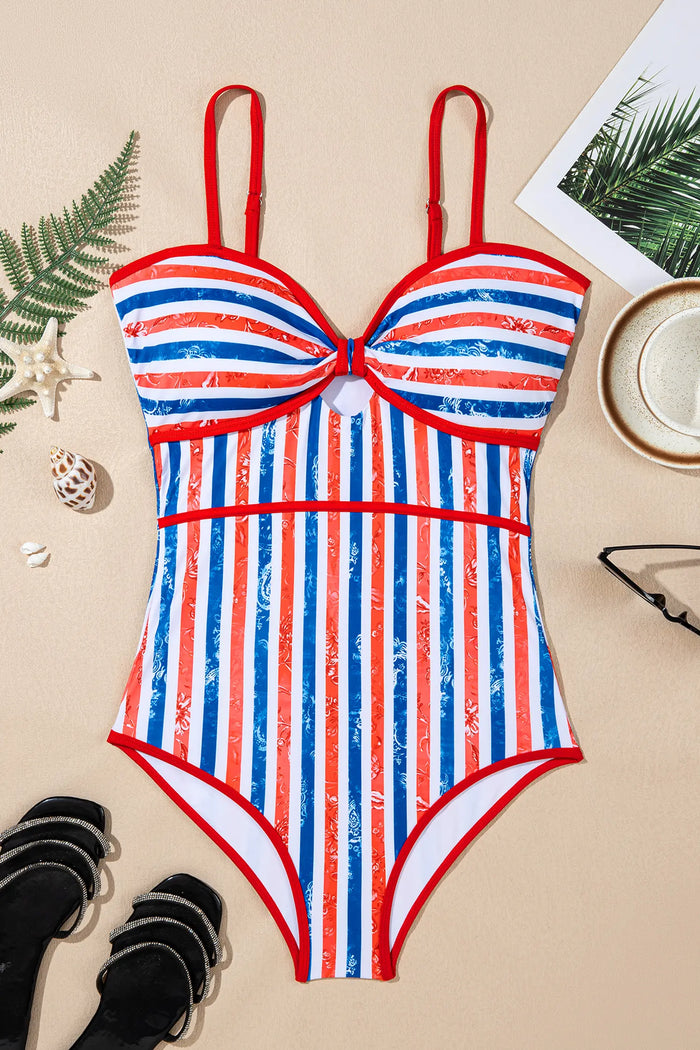 Stars & Stripes Floral Cutout Spaghetti Strap One-Piece Swimsuit