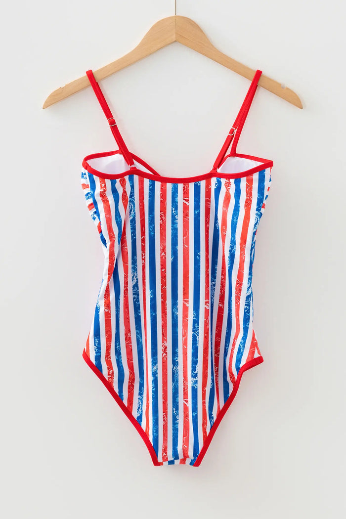 Stars & Stripes Floral Cutout Spaghetti Strap One-Piece Swimsuit