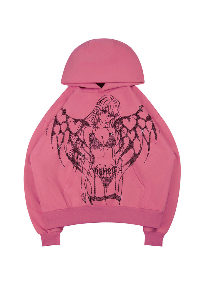 STRANGERS RHINESTONE ANGEL PULLOVER HOODIE DUSKY PINK