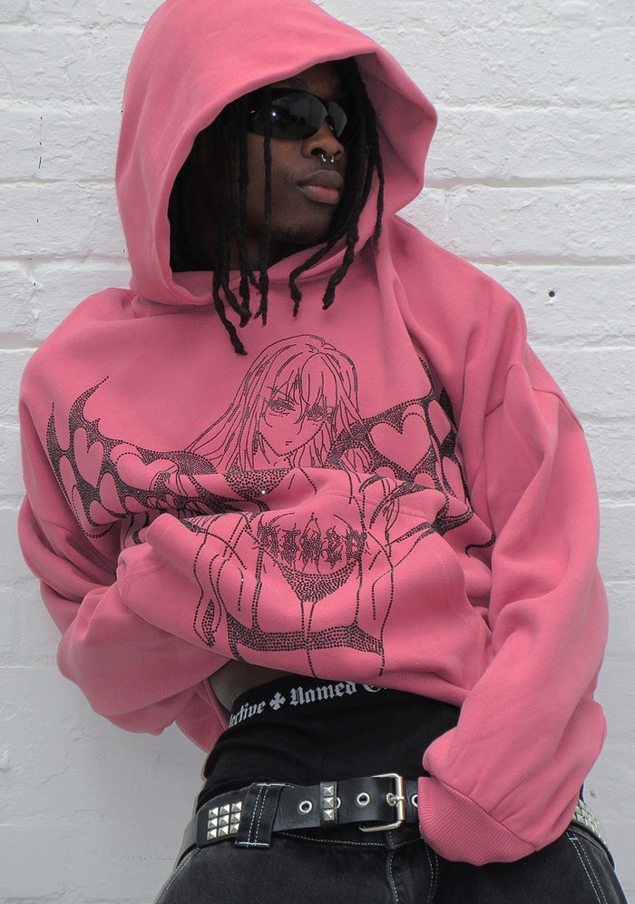 STRANGERS RHINESTONE ANGEL PULLOVER HOODIE DUSKY PINK