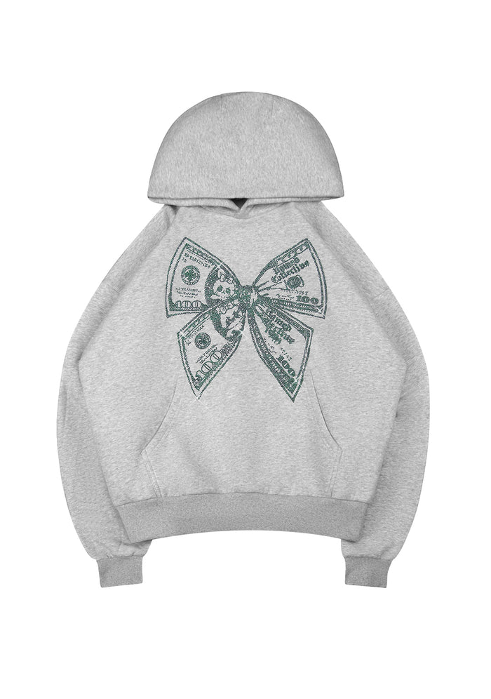 STRANGERS RHINESTONE $ BOW PULLOVER HOODIE GREY MARL