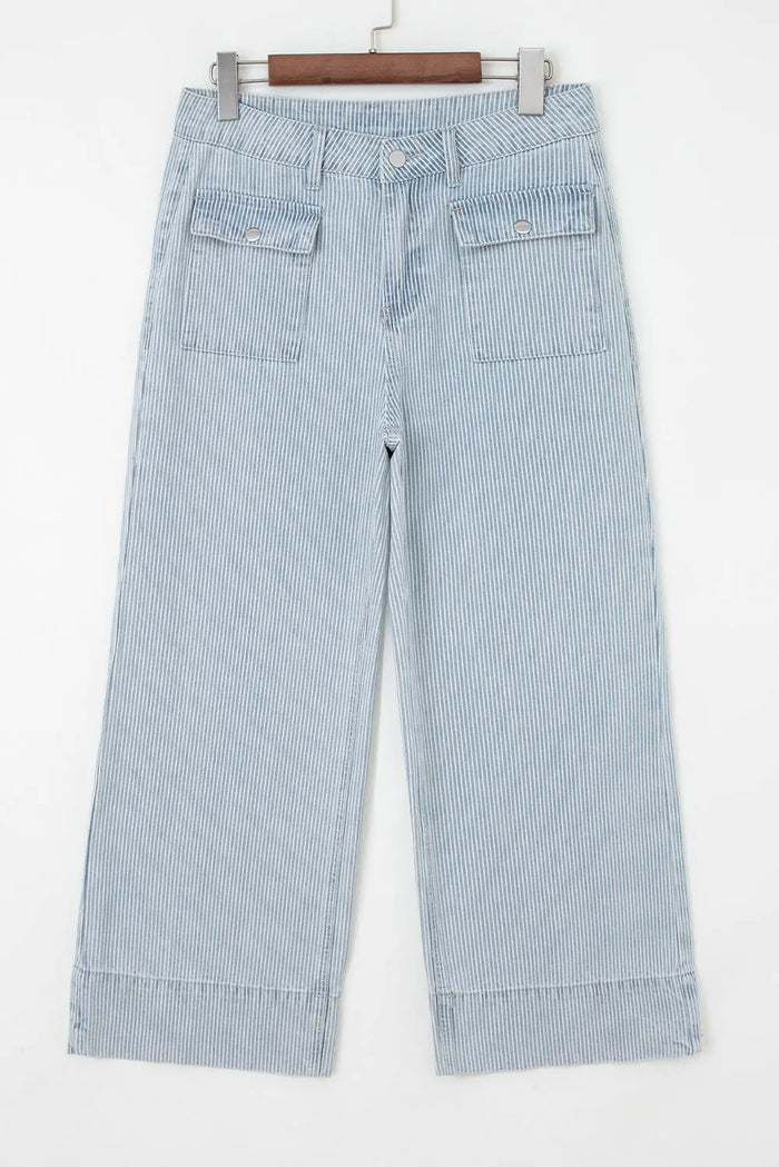 Stripe Button Flap Pocket Cuffed Hem Wide Leg Jeans - Blue / 4 - Bottoms/Jeans/WideLeg