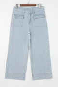 Stripe Button Flap Pocket Cuffed Hem Wide Leg Jeans - Blue / 4 - Bottoms/Jeans/WideLeg