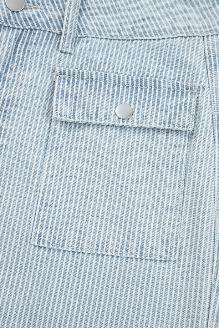 Stripe Button Flap Pocket Cuffed Hem Wide Leg Jeans - Bottoms/Jeans/WideLeg