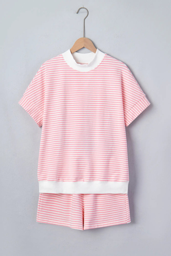 Stripe Cuffed Sleeve Contrast Mock Neck Tee Casual Co-ord Short Set