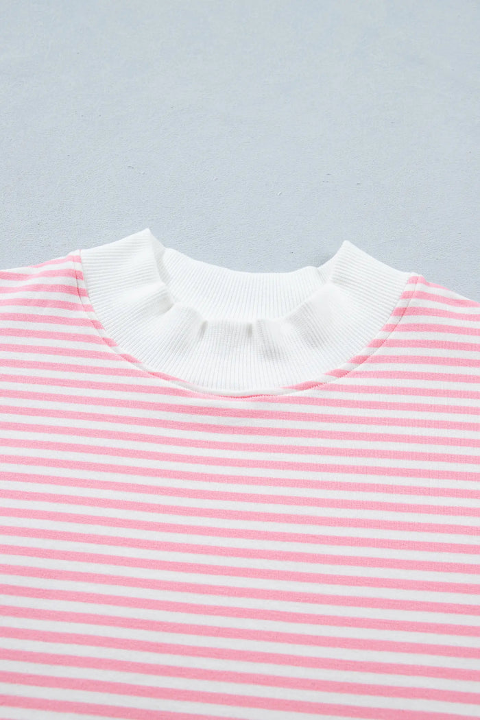Stripe Cuffed Sleeve Contrast Mock Neck Tee Casual Co-ord Short Set