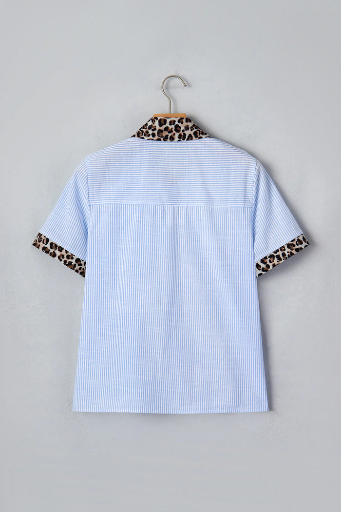 Stripe Leopard Contrast Collar Short Sleeve Shirt