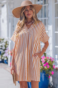 Stripe Pinched V-Neck Turn-Up Cuff Shift Mini Dress