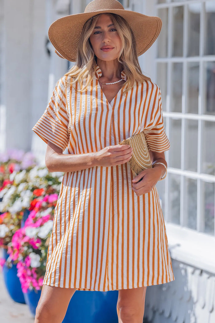 Stripe Pinched V-Neck Turn-Up Cuff Shift Mini Dress