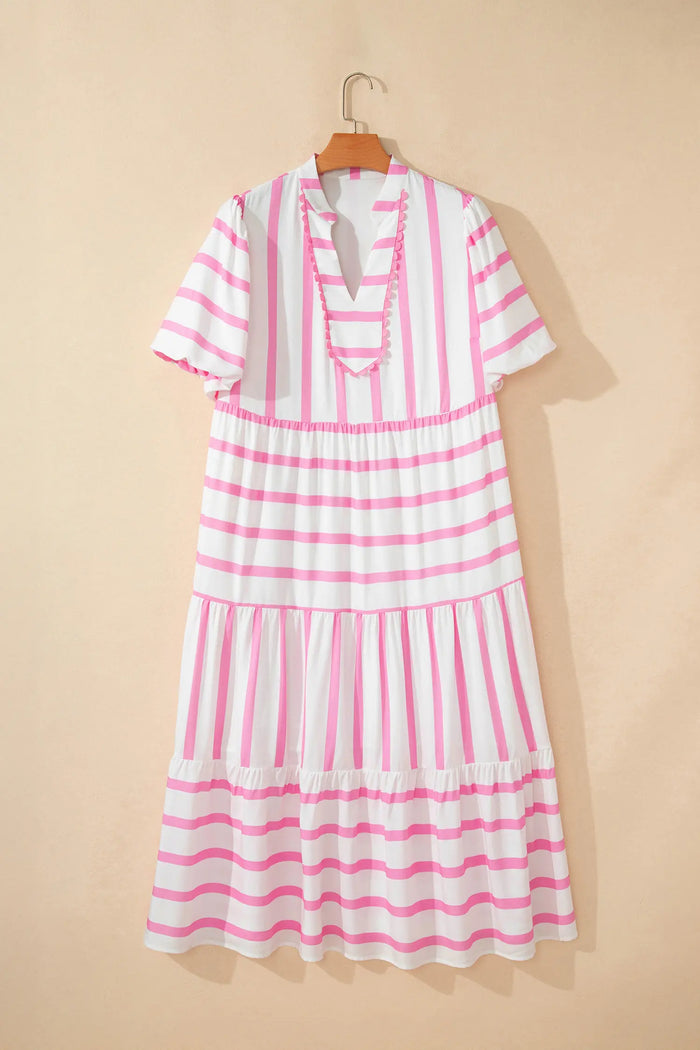 Stripe Plus Size V-Neck Short Puff Sleeve Tiered Maxi Dress