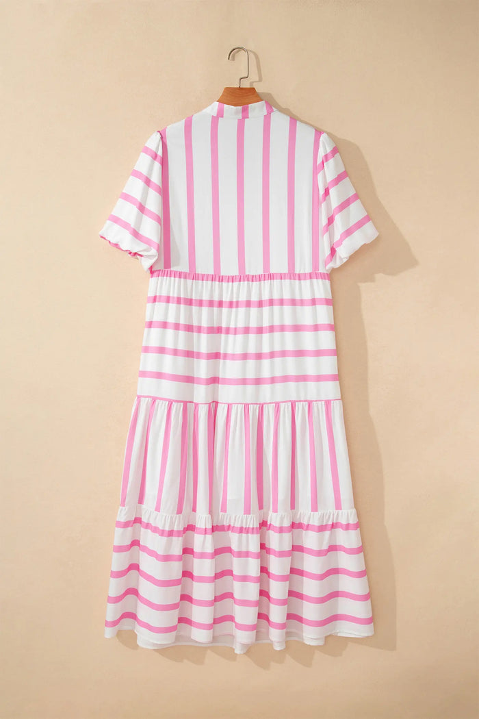 Stripe Plus Size V-Neck Short Puff Sleeve Tiered Maxi Dress