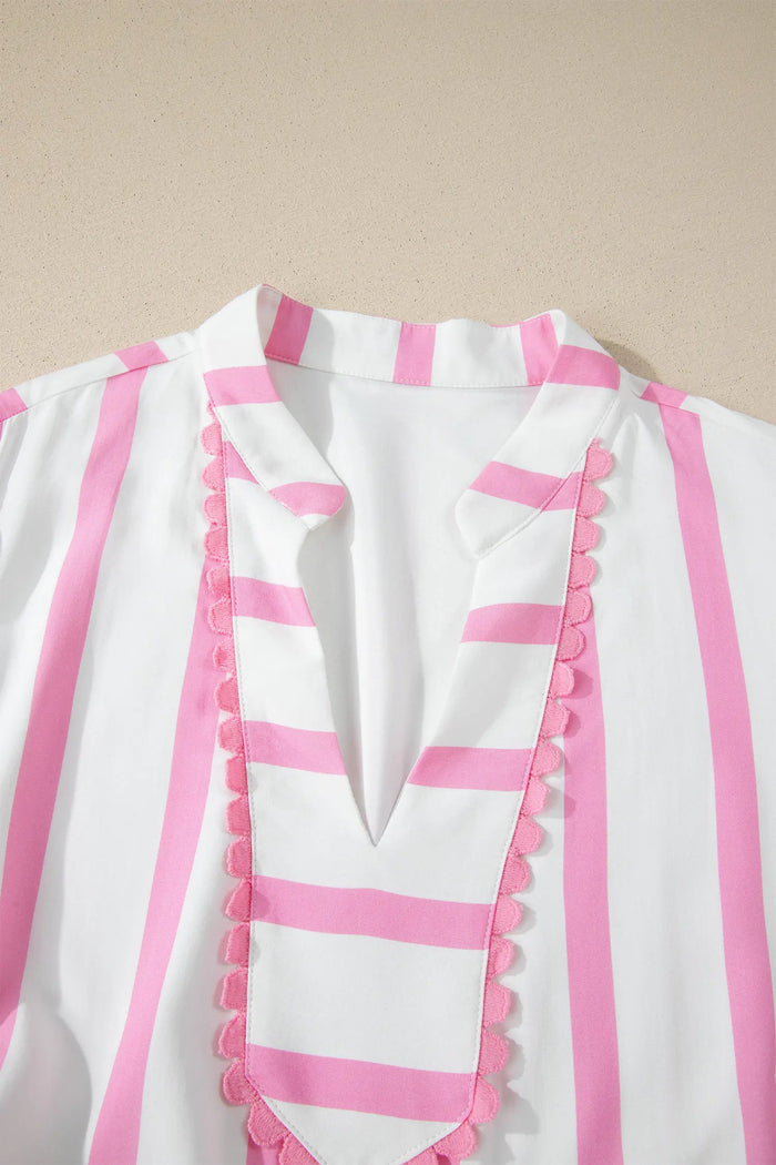 Stripe Plus Size V-Neck Short Puff Sleeve Tiered Maxi Dress